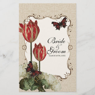 Dinner Menu Card - Tan n Cream Red Tulip Damask