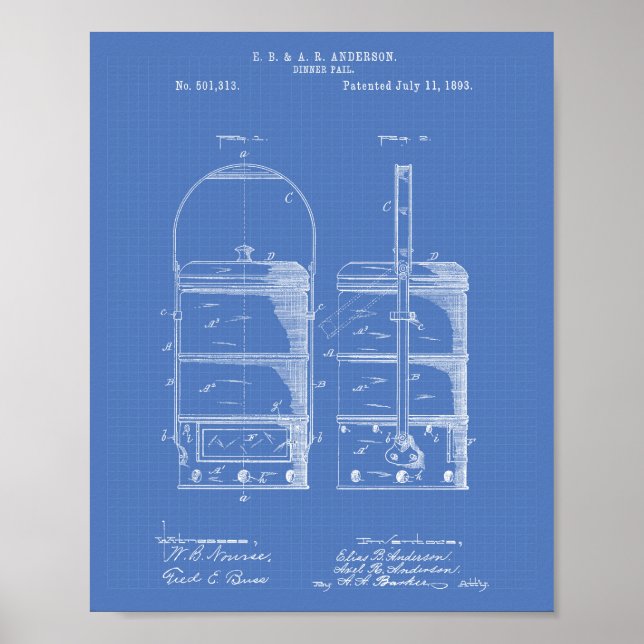 Dinner Pail 1893 Patent Art Blueprint Poster (Front)