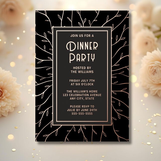 Dinner Party Invitation Black Elegant Floral (Creator Uploaded)