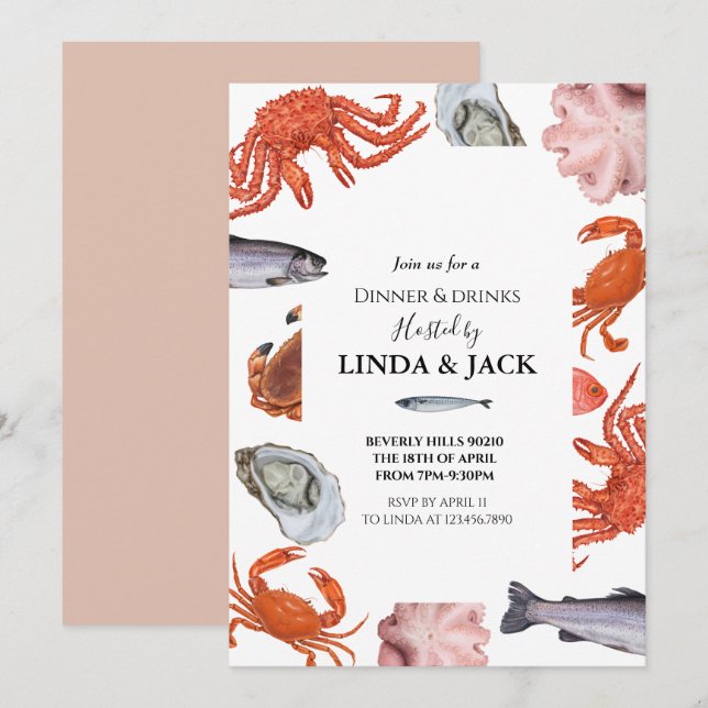 Dinner party invitation Seafood Theme (Front/Back)
