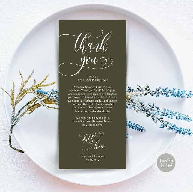 Dinner Place Setting Thank You, Modern Script Card (Wedding Dinner Place Setting Thank You Card, Plate Decoration, Modern Script, in Olive Green)