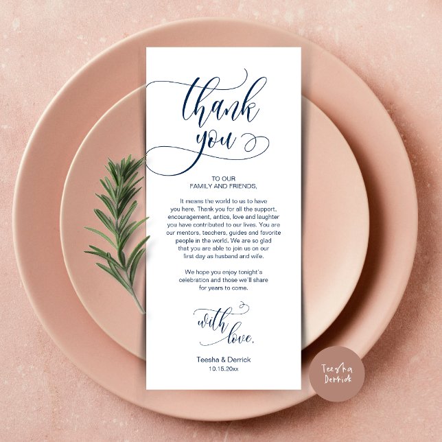 Dinner Place Setting Thank You, Modern Script Card (Wedding Dinner Place Setting Thank You Card, Plate Decoration, Modern Script, in Navy Blue)