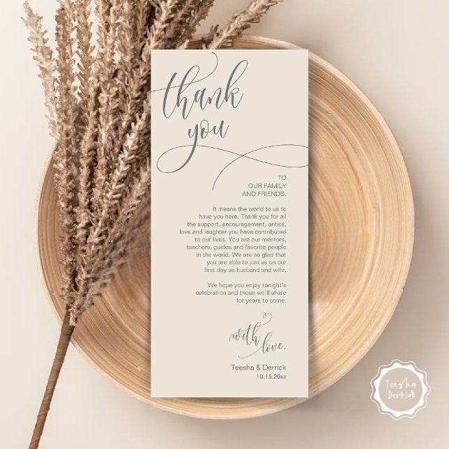 Dinner Place Setting Thank You, Modern Script Card (Wedding Dinner Place Setting Thank You Card, Plate Decor, Modern Calligraphy, in Cream Grey)
