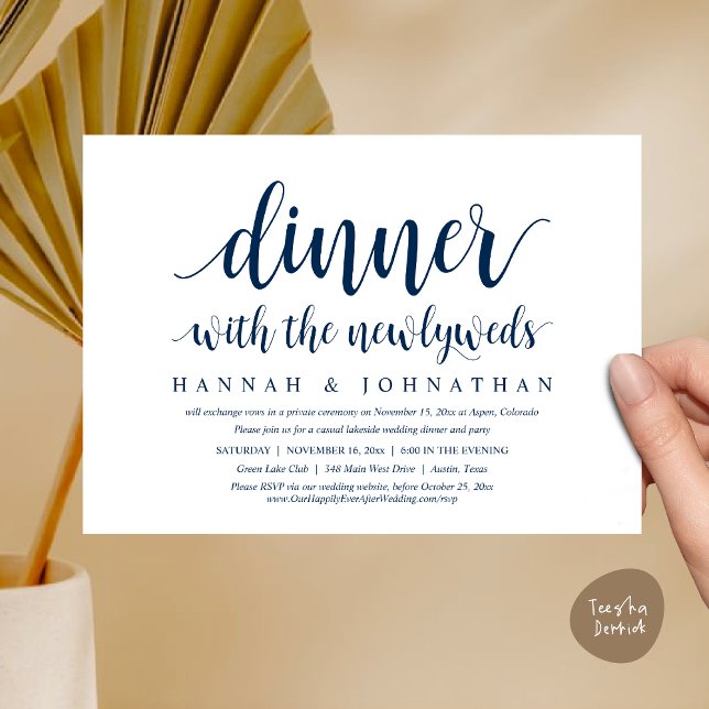 Dinner with the newlyweds, Wedding Elopement Invitation (Dinner with the newlyweds, Wedding Elopement Invitation Card PDF Modern Rustic Party Navy Blue)