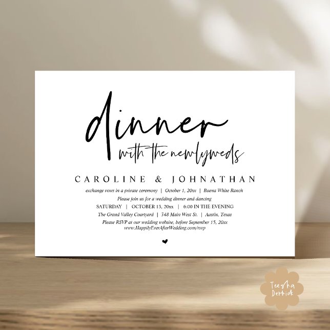 Dinner with the Newlyweds, Wedding Elopement Party Invitation (Dinner with the Newlyweds, Modern Wedding Elopement Party Invitation Card PDF Black White)
