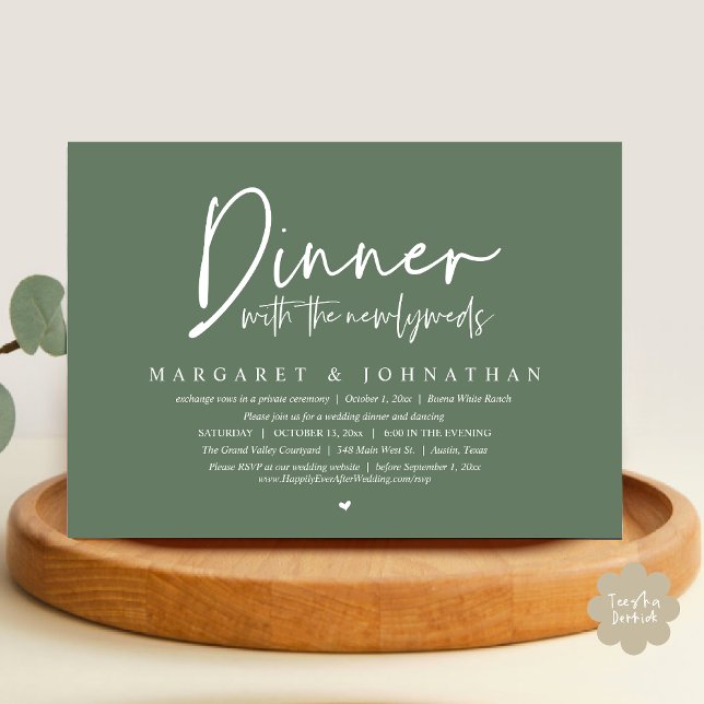 Dinner with the Newlyweds, Wedding Elopement Party Invitation (Dinner with the Newlyweds, Modern Wedding Elopement Party Invitation Card PDF Greenery Sage Green)