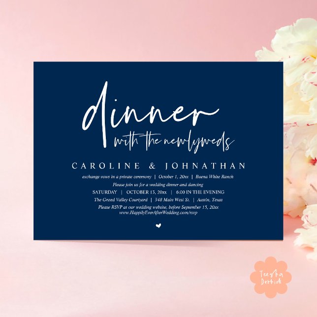 Dinner with the Newlyweds, Wedding Elopement Party Invitation (Dinner with the Newlyweds, Modern Wedding Elopement Party Invitation Card PDF Classy Navy Blue)