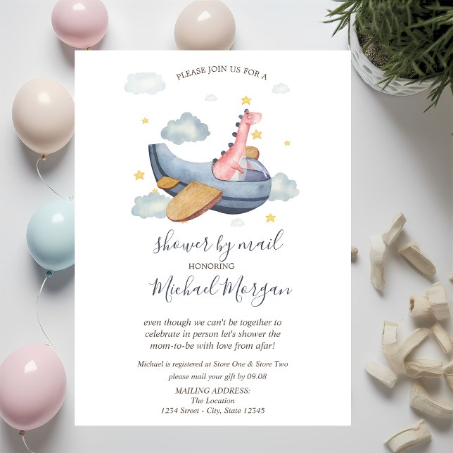 Dino Airplane,Clouds,Dots Baby Shower By Mail Invitation (Creator Uploaded)