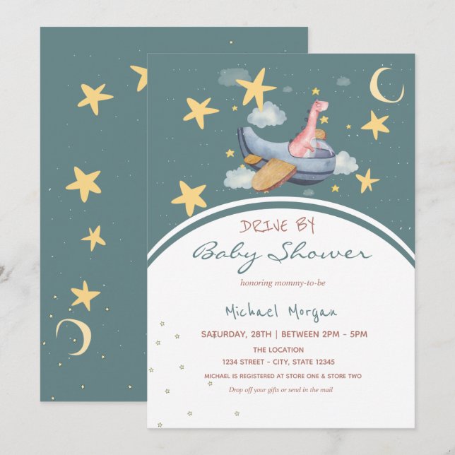 Dino Airplane  Space Stars Drive By Baby Shower  Invitation (Front/Back)
