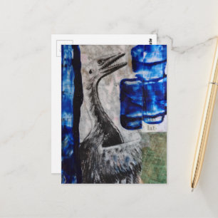 Dino Bird Blue Paint Mixed Media Collage Postcard