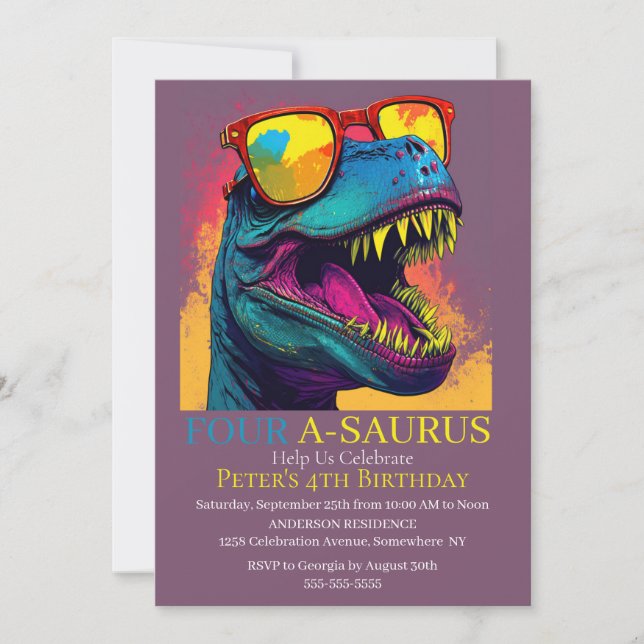 Dino Blue Party 4e Dinosaur Invitation anniversair (Devant)