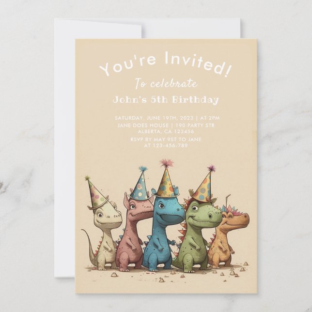 Dino | Cartoon Cute Dinosaures Invitation Annivers (Devant)