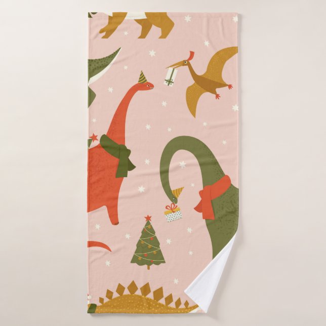 Dino Christmas Party Tree Rex. Dinosaur in Santa h Bath Towel (Bath Towel)