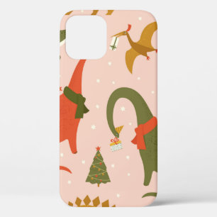 Dino Christmas Party Tree Rex. Dinosaur in Santa h iPhone 12 Case