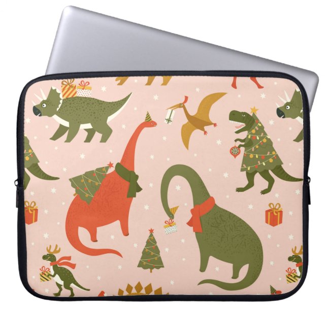 Dino Christmas Party Tree Rex. Dinosaur in Santa h Laptop Sleeve (Front)