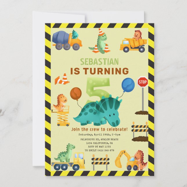 Dino Crew Construction 5th Birthday Dinosaur  Invitation (Front)