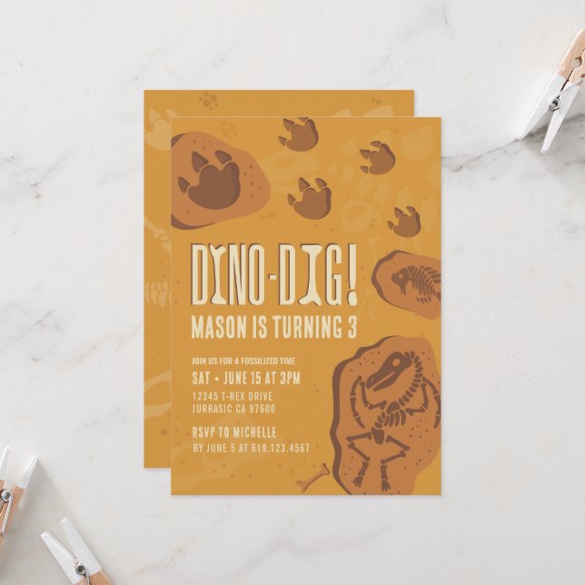 Dino-Dig • Dinosaur Dig Birthday Party Invitation  (Front/Back In Situ)