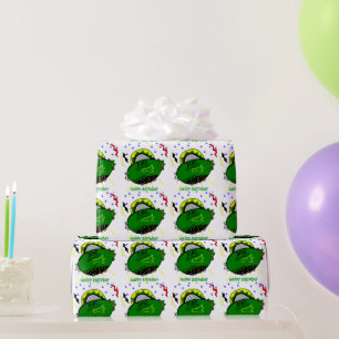 Dino Dinosaur Green Spaceship Stars Birthday Wrapping Paper