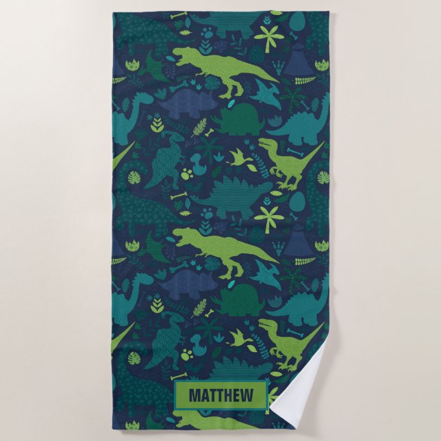Dino Doodle Silhouettes Kids Dinosaur Beach Towel (Front)