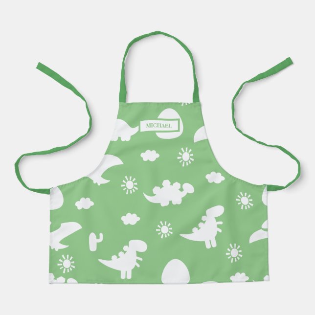 Dino Doodle Silhouettes Kids Dinosaur Green Apron (Front)