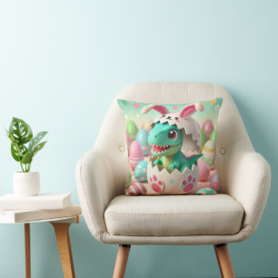 Dino Easter Surprise – Cute T-Rex in an Easter Egg Throw Pillow
