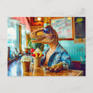 Dino Eating Ice Cream at Cafe Holiday Postcard