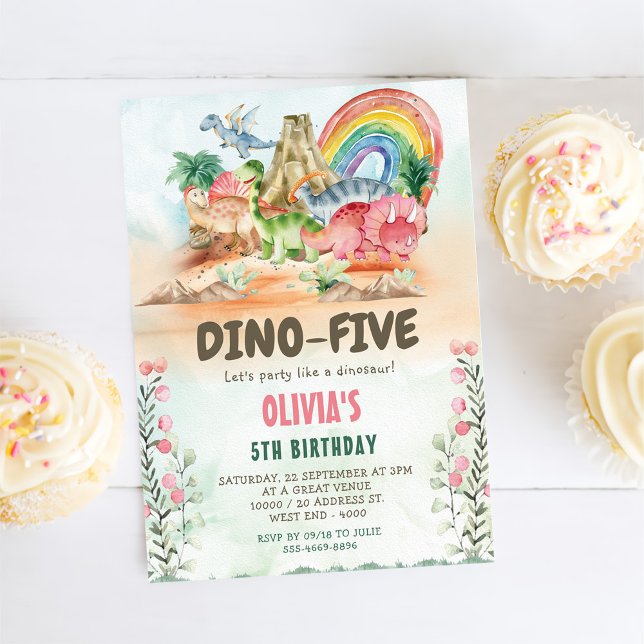 Dino-Five Dinosaur Girl 5th Birthday Party Invitation (Creator Uploaded)