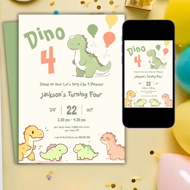 Dino Four Balloon 4e Anniversaire Fête Invitation (Créateur téléchargé)