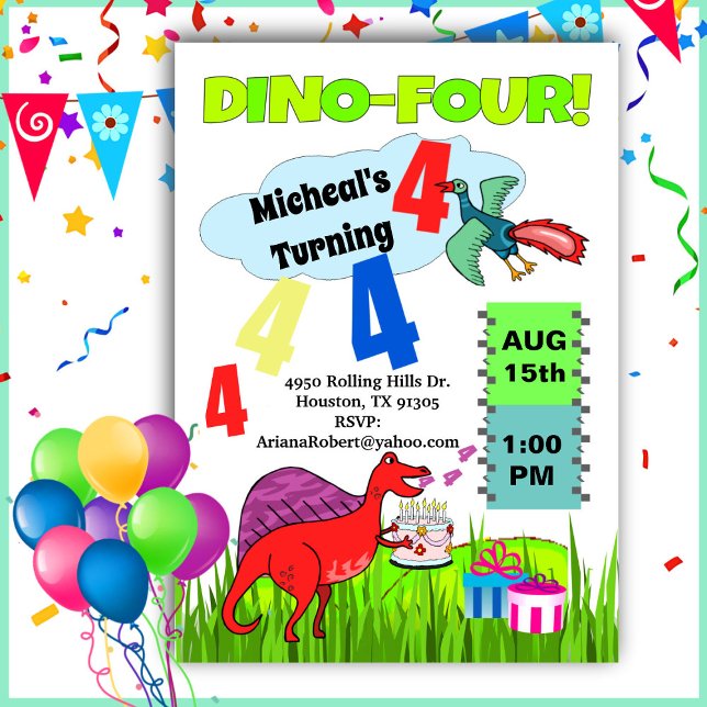 Dino Four Dinosaur Boy 4th Birthday   Invitation (Creator Uploaded)