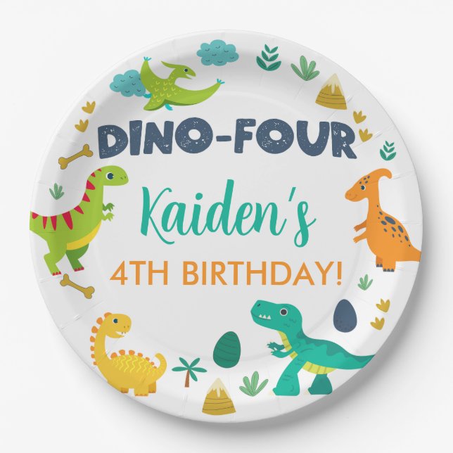 Dino Four dinosaurs boy birthday paper plates. Paper Plate (Front)