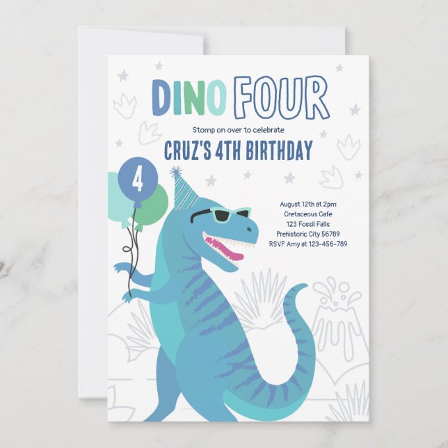 Dino Four T-Rex Dinosaur 4th Birthday Party  Invitation (Front)