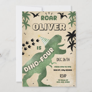 Dino Four T-Rex Dinosaur 4th Birthday Party Invite