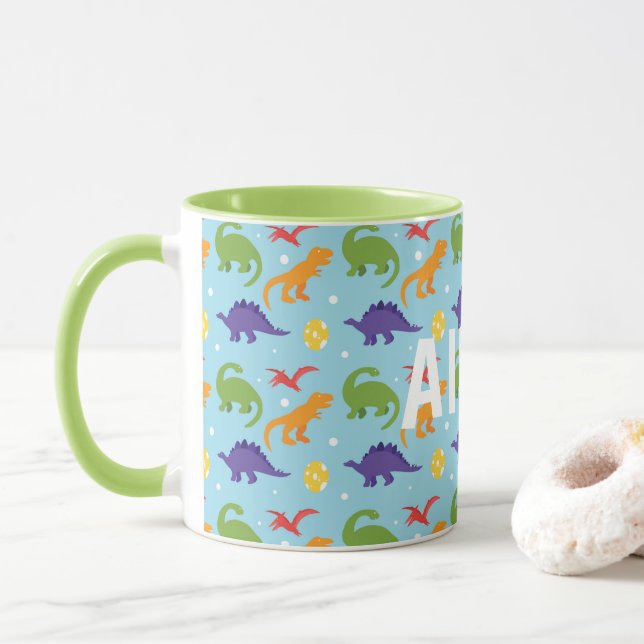 Dino Fun Kids Red Orange Green Purple Name Mug (With Donut)