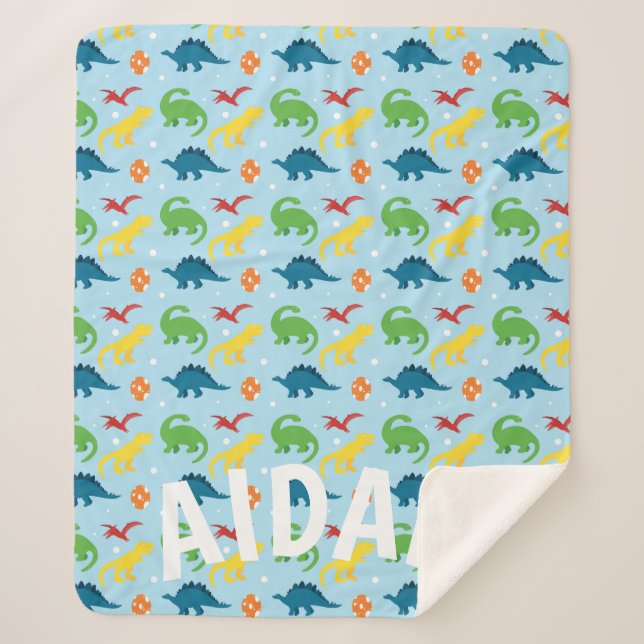 Dino Fun Kids Red Yellow Green Blue Sherpa Blanket (Front)