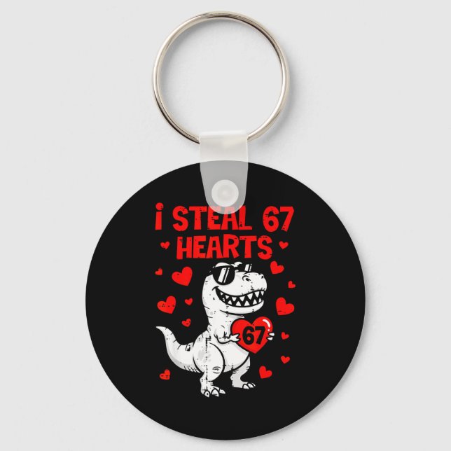 Dino Holding Heart I Steal 67 Hearts Funny Six Sev Keychain (Front)