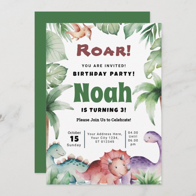 Dino Invitation fête d'anniversaire (Devant / Derrière)