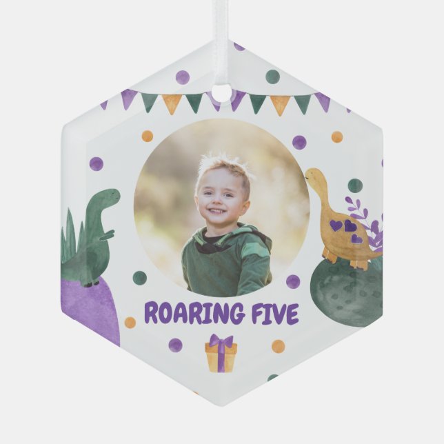 Dino Kid Party Roaring Green Purple Custom Photo  Glass Ornament (Front)