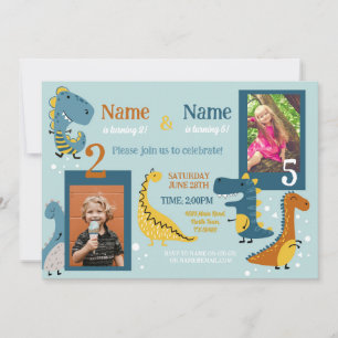 Dino Kids Birthday Girls Boys Photo Shared Party Invitation
