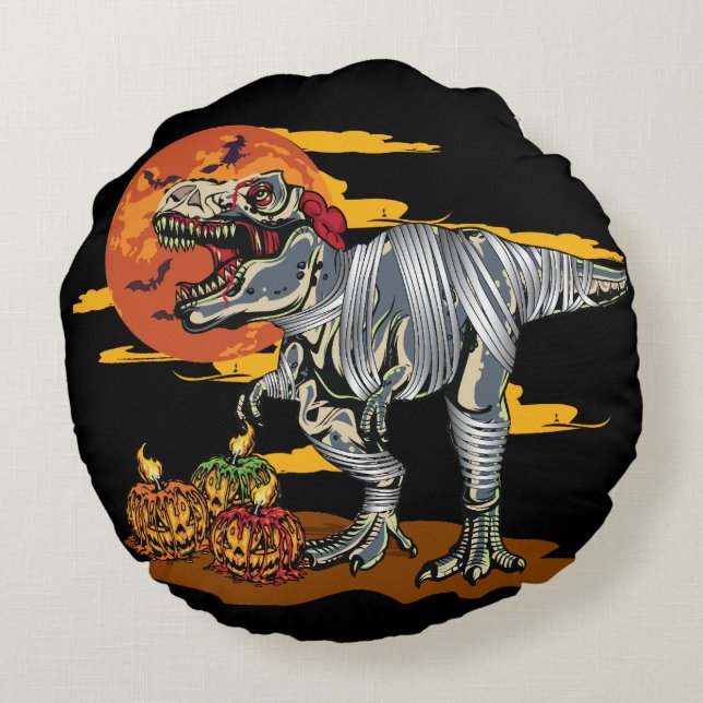 Dino-Mash: Spooky Pumpkinosaur  Round Pillow (Back)
