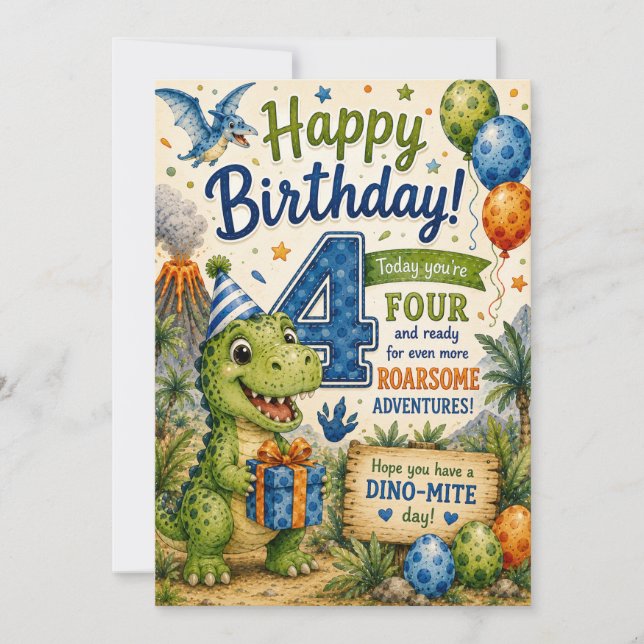 Dino-Mite 4th Birthday Card (Front)