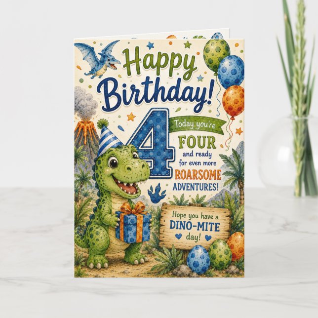Dino-Mite 4th Birthday Card (Front)