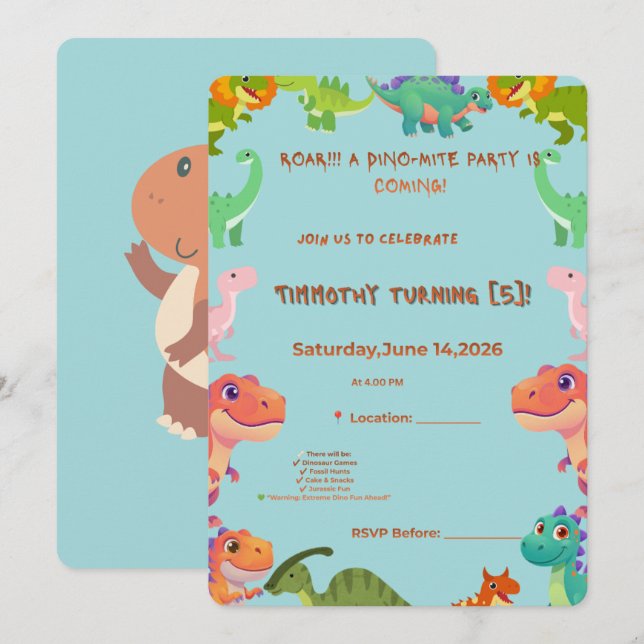 Dino-Mite Celebration Invitation | Personalized Bi (Front/Back)