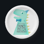 DINO-MITE Dinosaur Boys Birthday Party Paper Plate<br><div class="desc">Funny and cute birthday party paper plate for your child's dinosaur theme party. Cartoon style illustration of a green dinosaur with yellow spikes. The t rex is wearing a blue bow tie and a tiny party hat. On his body there is a text that says "Matthew's DINO-MITE birthday" You can...</div>