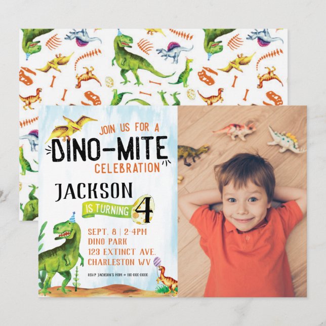 Dino-Mite Photo Dinosaur Invitation Anniversaire (Devant / Derrière)