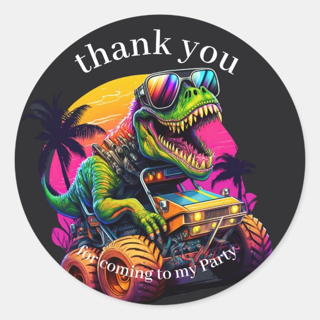 Dino Monster Truck Thank You Classic Round Sticker (Front)