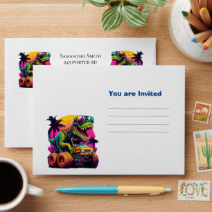 Dino Monster Truck You are Invited Blue Balloons Envelope