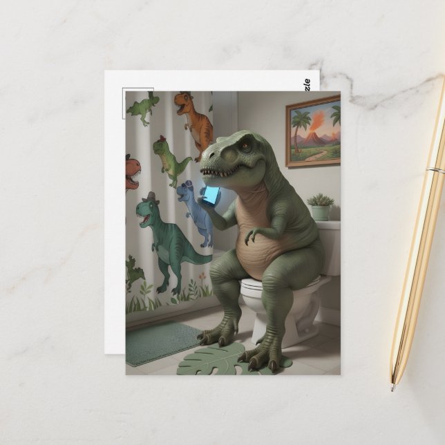 Dino on Cellphone on Toilet Postcard (Front/Back In Situ)