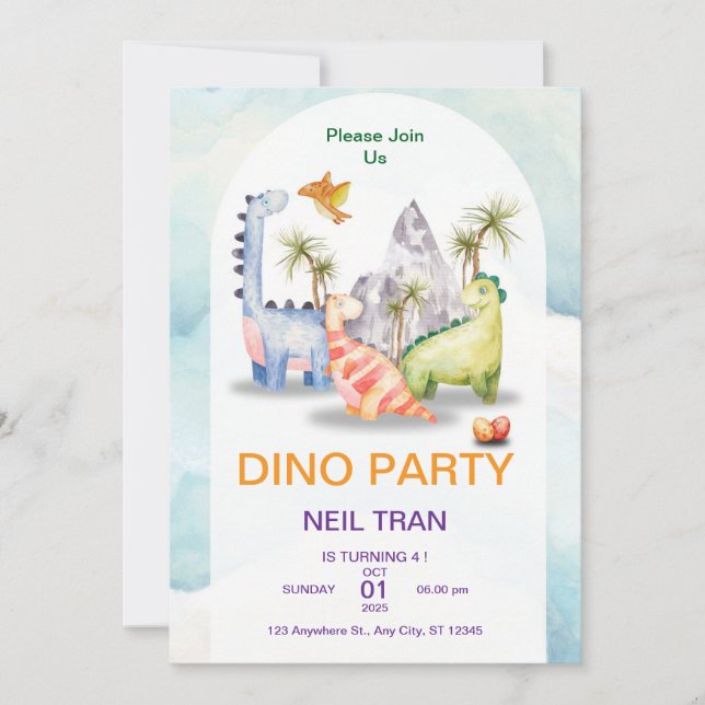 Dino Party Birthday Invitation – Customizable Kids (Front)