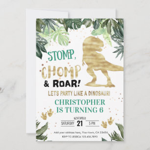 Dino Party Boy Gold Dinosaur Birthday Invitation