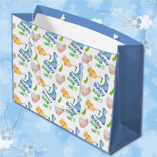 Dino Party Cute Dinosaur Birthday Boy Personalize  Large Gift Bag